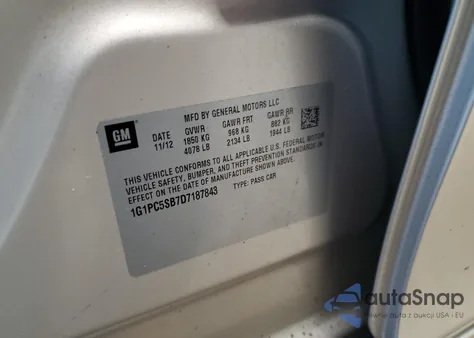 2013 Chevrolet Cruze Lt from USA, damaged, VIN 1G1PC5SB7D7187843